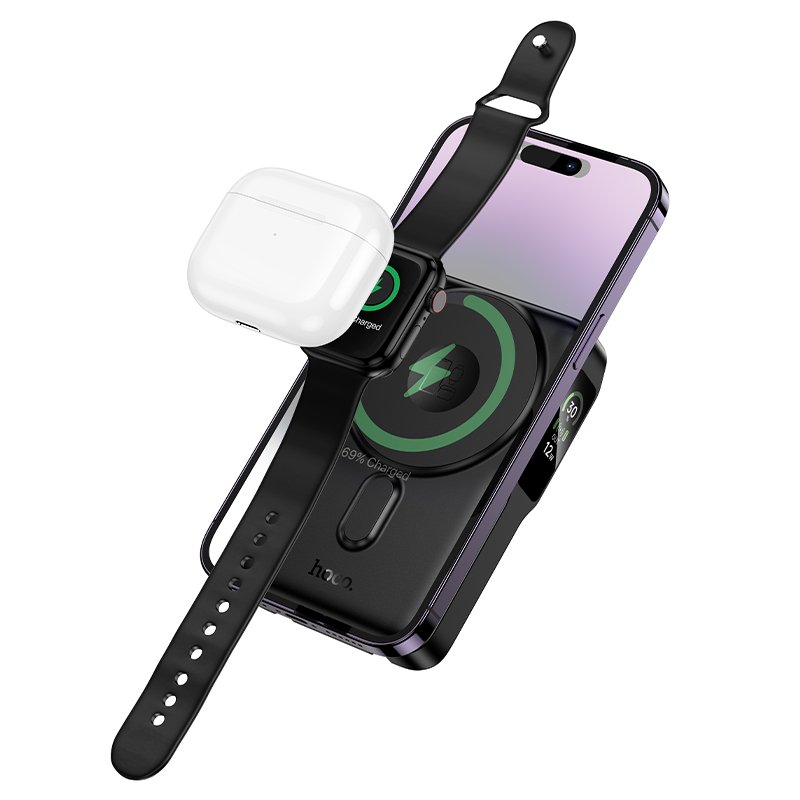 HOCO 4-IN-1 MAGNETIC WIRELESS CHARGING POWER BANK FOR PHONE/I-WATCH/HEADSET WITH STAND 10000MAH BLACK Q48