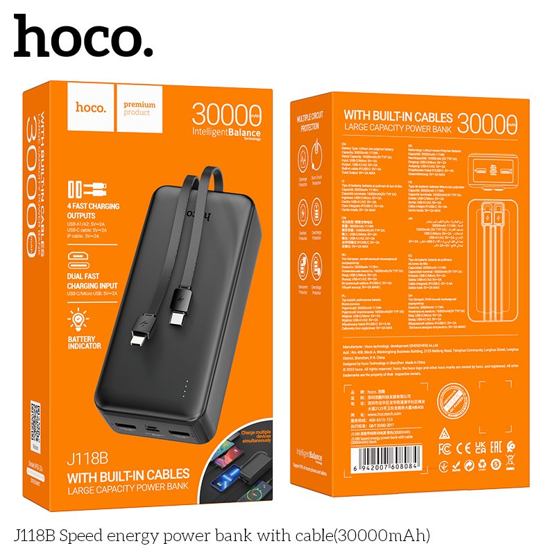 HOCO 4 FAST CHARGING LARGE CAPACITY POWER BANK WITH BUILT-IN CABLES (30000mah) J118B