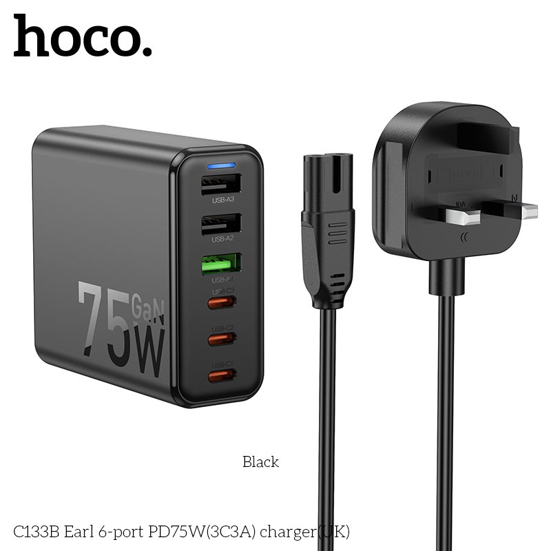HOCO HIGH POWER 75W SIX-PORT CHARGER USB-A X 3+ USB-C X 3 C133B
