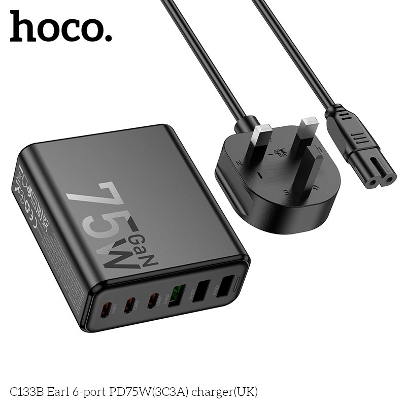 HOCO HIGH POWER 75W SIX-PORT CHARGER USB-A X 3+ USB-C X 3 C133B