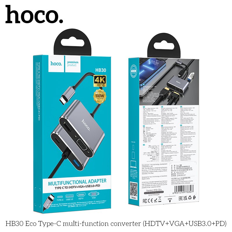 HOCO MULTIFUNCTIONAL ADAPTER TYPE-C TO(HDTV+VGA+US83.0+PD) HB30