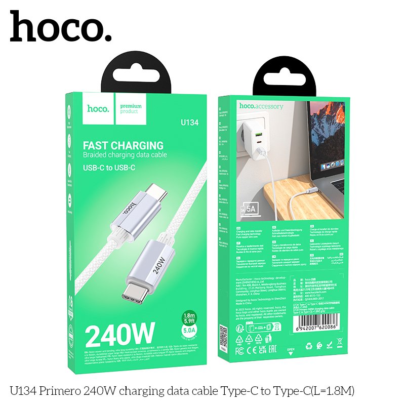 HOCO PRIMERO FAST CHARGING BRAIDED TYPE-C TO TYPE-C CHARGING DATA CABLE 240W 1.8M U134