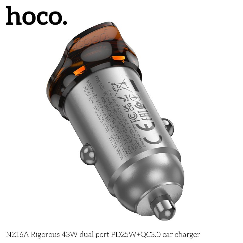 HOCO RIGOROUS 43W DUAL PORT MINI SIZE HIGH POWER CAR CHARGER NZ16A