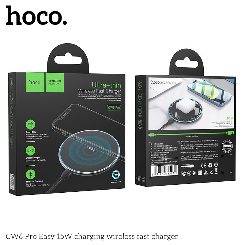 HOCO ULTRA-THIN WIRELESS FAST CHARGER PAD 15W CW6 PRO