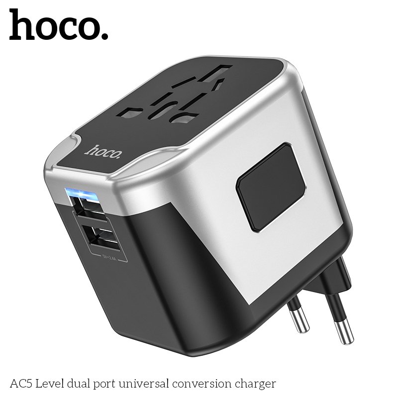 HOCO UNIVERSAL TRAVEL ADAPTER 2USB + 1 SOCKET CONVERSION CHARGER 12W AC5