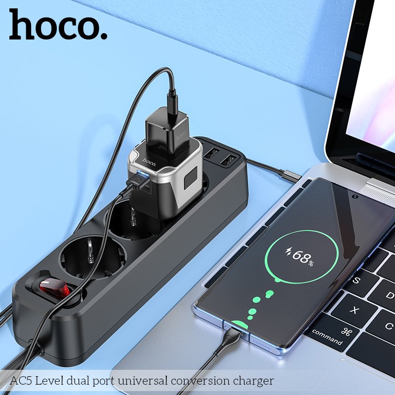 HOCO UNIVERSAL TRAVEL ADAPTER 2USB + 1 SOCKET CONVERSION CHARGER 12W AC5