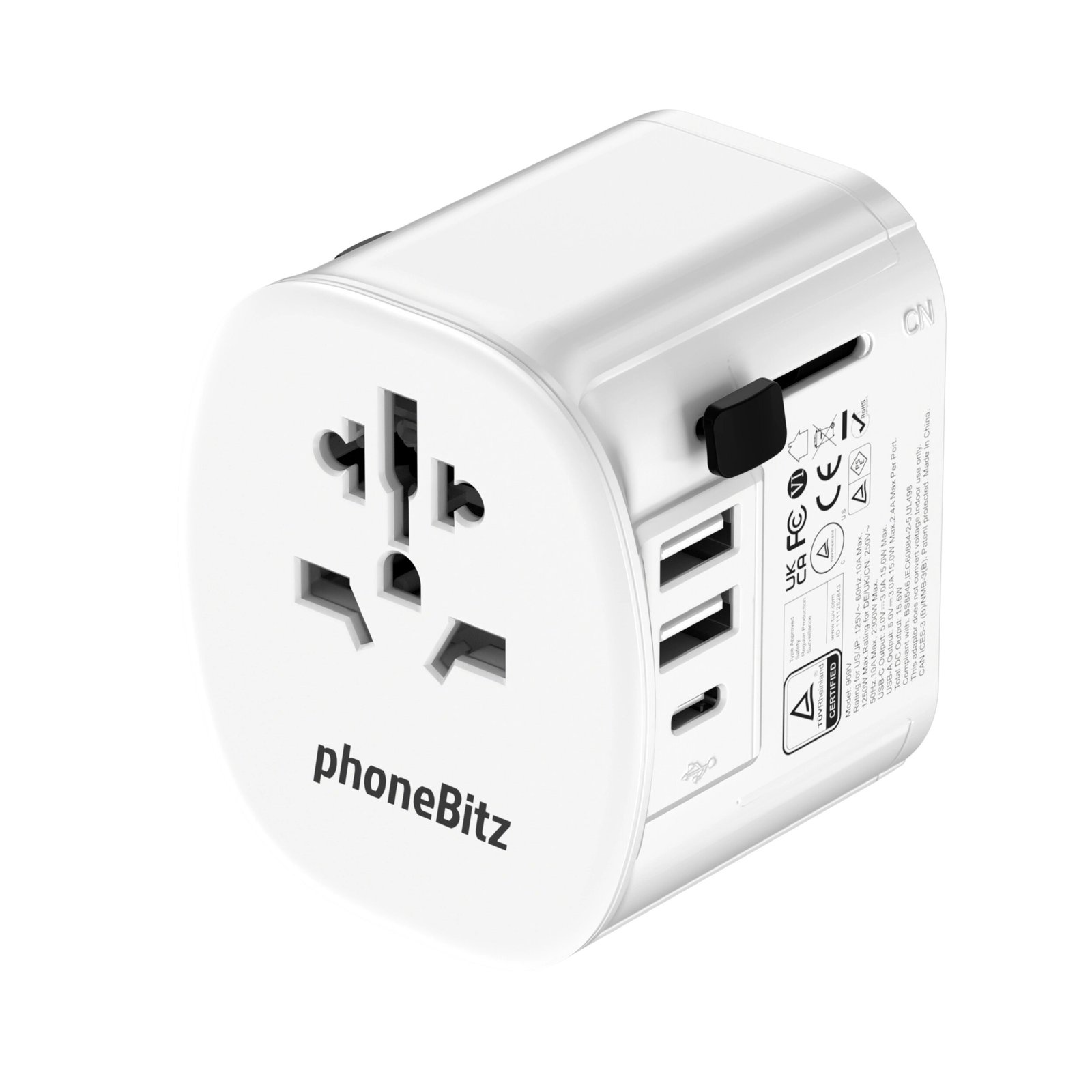 PHONEBITZ UNIVERSAL TRAVEL/TOURIST ADAPTER WITH 2 USB & 1 TYPE-C OUTPUT CP20